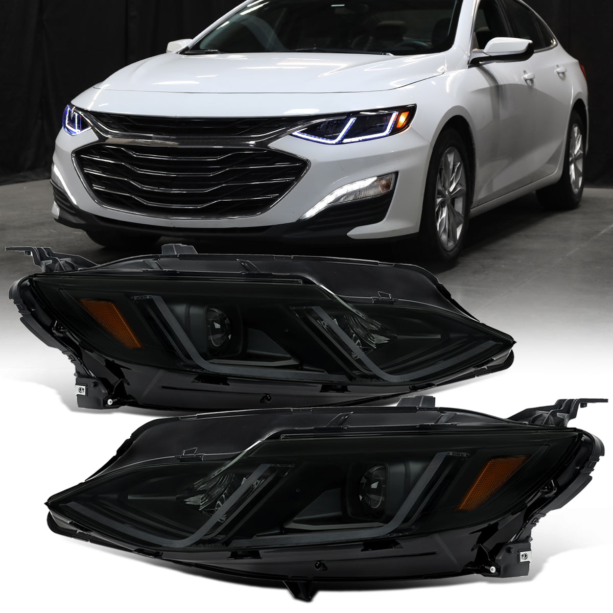 Ronnin - Fits 2019-2024 Chevy Malibu Halogen Projector Headlights Switchback LED Sequential Turn Signal + Animated Startup Effect Pair | Black Smoke