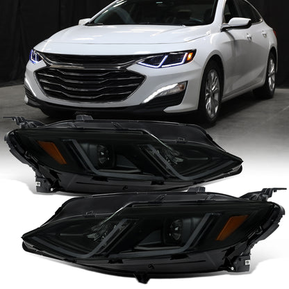 Ronnin - Fits 2019-2024 Chevy Malibu Halogen Projector Headlights Switchback LED Sequential Turn Signal + Animated Startup Effect Pair | Black Smoke