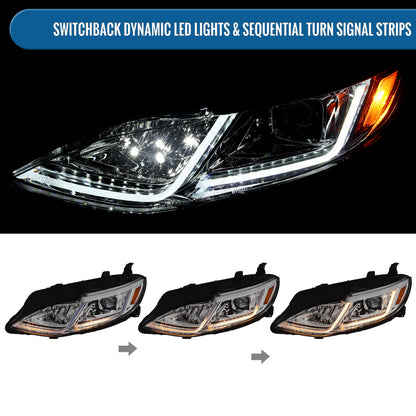Ronnin - Fits 2019-2024 Chevy Malibu Halogen Projector Headlights Switchback LED Sequential Turn Signal + Animated Startup Effect Pair | Chrome