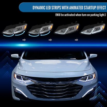 Ronnin - Fits 2019-2024 Chevy Malibu Halogen Projector Headlights Switchback LED Sequential Turn Signal + Animated Startup Effect Pair | Chrome