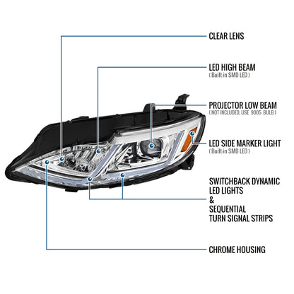 Ronnin - Fits 2019-2024 Chevy Malibu Halogen Projector Headlights Switchback LED Sequential Turn Signal + Animated Startup Effect Pair | Chrome