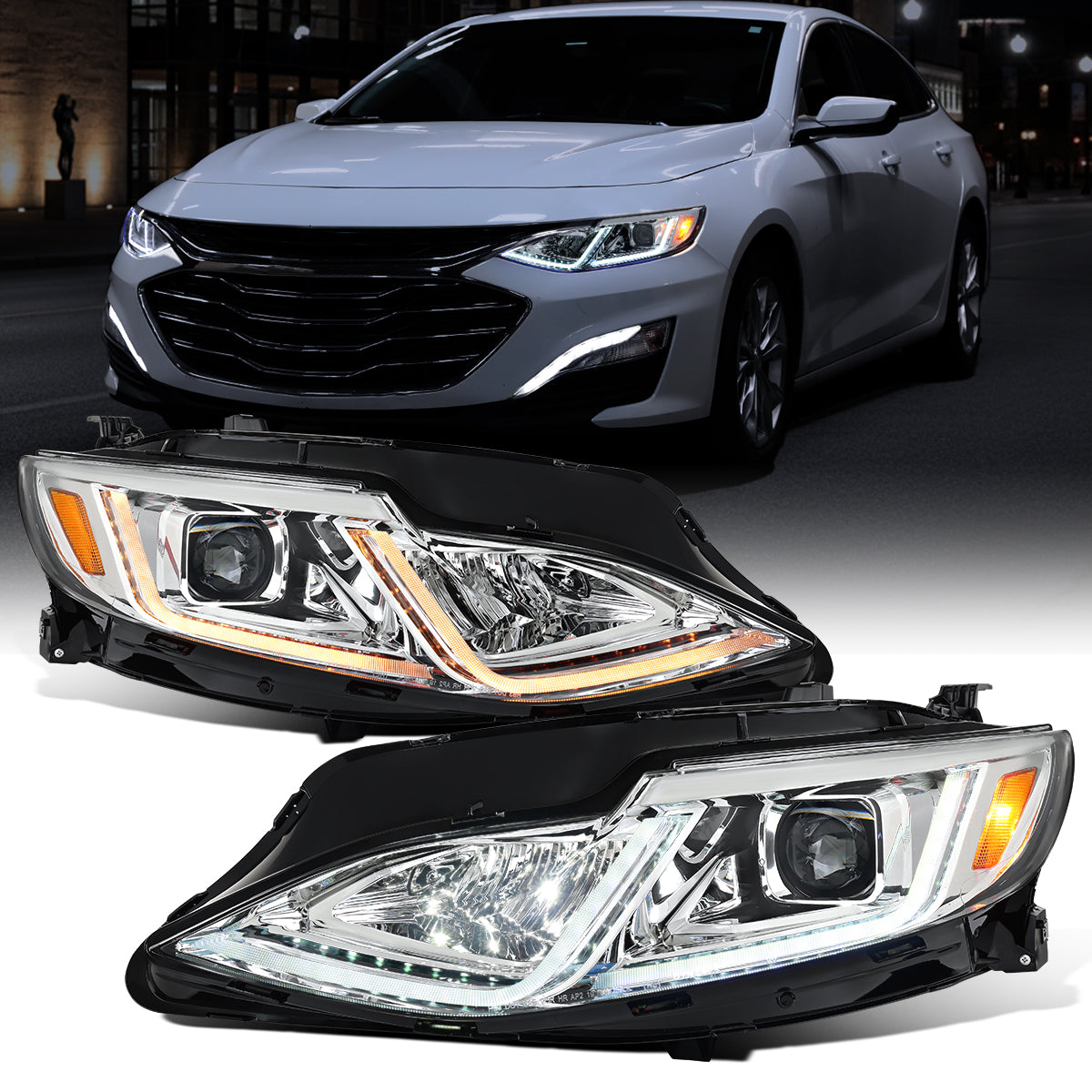 Ronnin - Fits 2019-2024 Chevy Malibu Halogen Projector Headlights Switchback LED Sequential Turn Signal + Animated Startup Effect Pair | Chrome