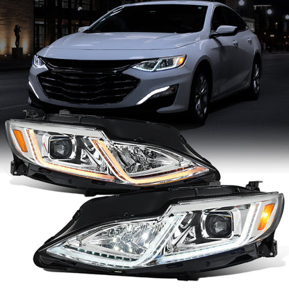 Ronnin - Fits 2019-2024 Chevy Malibu Halogen Projector Headlights Switchback LED Sequential Turn Signal + Animated Startup Effect Pair | Chrome