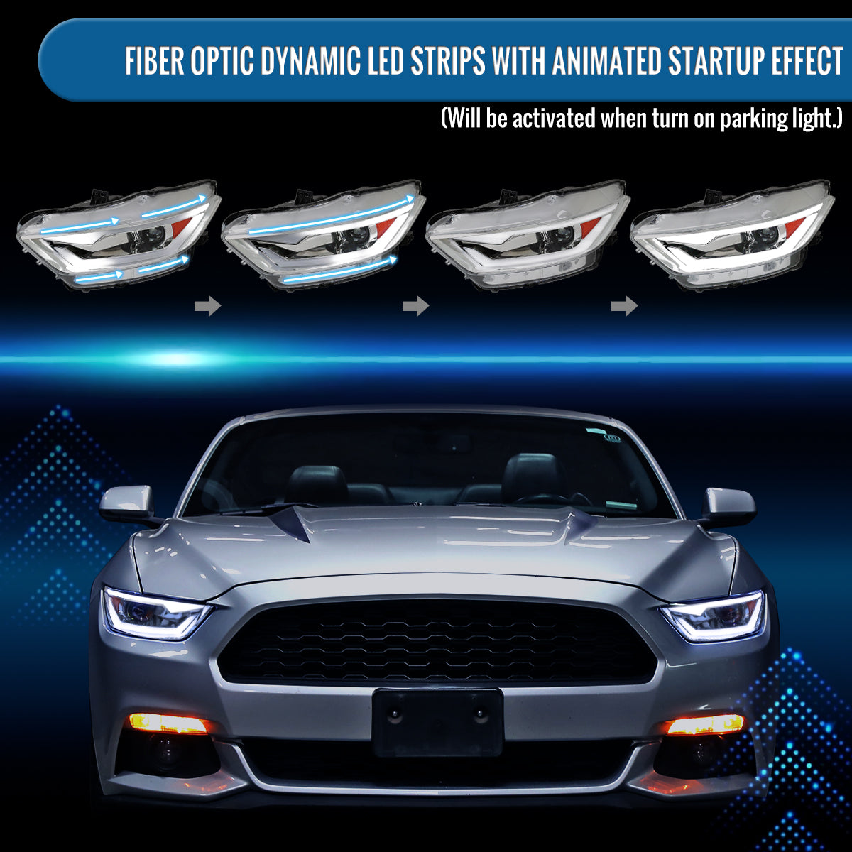 Ronnin - Fits 2015-2022 Ford Mustang Coupe Convertible Upgraded Factory Replacement HID Xenon Projector Headlights LED Tube Animated Startup Effect Parking Assembly | Chrome