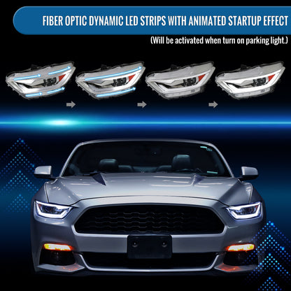 Ronnin - Fits 2015-2022 Ford Mustang Coupe Convertible Upgraded Factory Replacement HID Xenon Projector Headlights LED Tube Animated Startup Effect Parking Assembly | Chrome