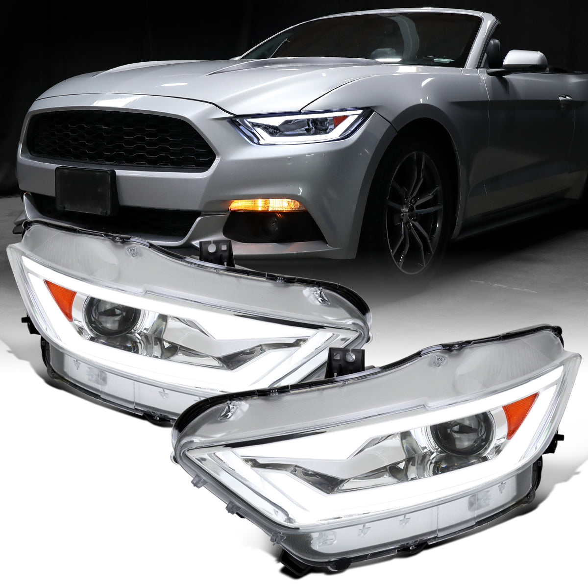 Ronnin - Fits 2015-2022 Ford Mustang Coupe Convertible Upgraded Factory Replacement HID Xenon Projector Headlights LED Tube Animated Startup Effect Parking Assembly | Chrome