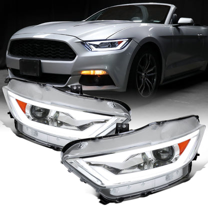 Ronnin - Fits 2015-2022 Ford Mustang Coupe Convertible Upgraded Factory Replacement HID Xenon Projector Headlights LED Tube Animated Startup Effect Parking Assembly | Chrome
