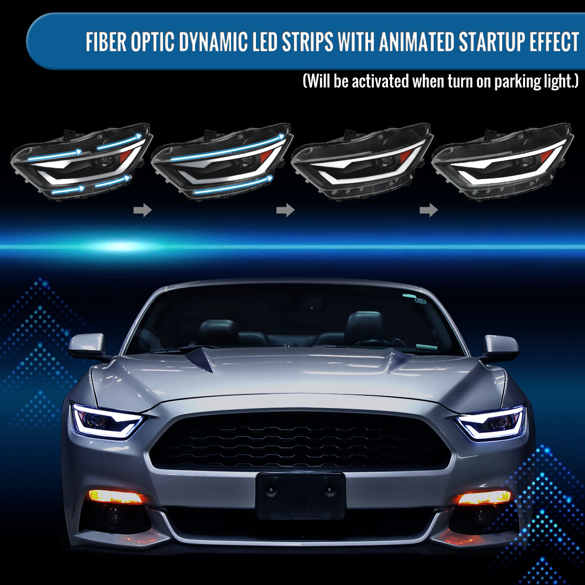 Ronnin - Fits 2015-2022 Ford Mustang Coupe Convertible Upgraded Factory Replacement HID Xenon Projector Headlights LED Tube Animated Startup Effect Parking Assembly | Black