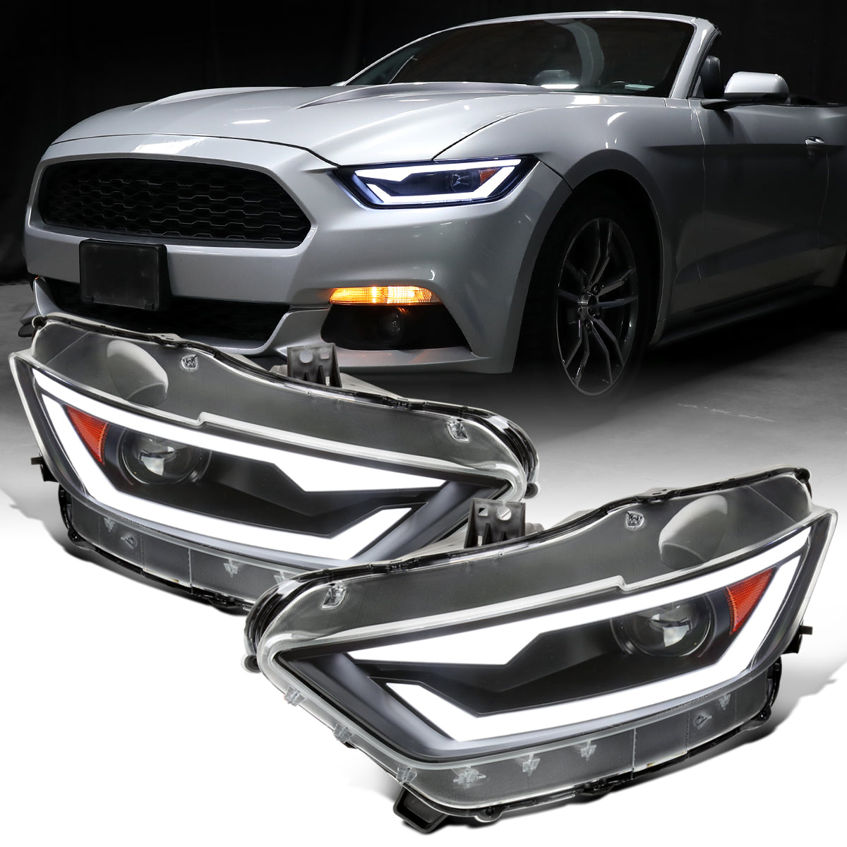 Ronnin - Fits 2015-2022 Ford Mustang Coupe Convertible Upgraded Factory Replacement HID Xenon Projector Headlights LED Tube Animated Startup Effect Parking Assembly | Black