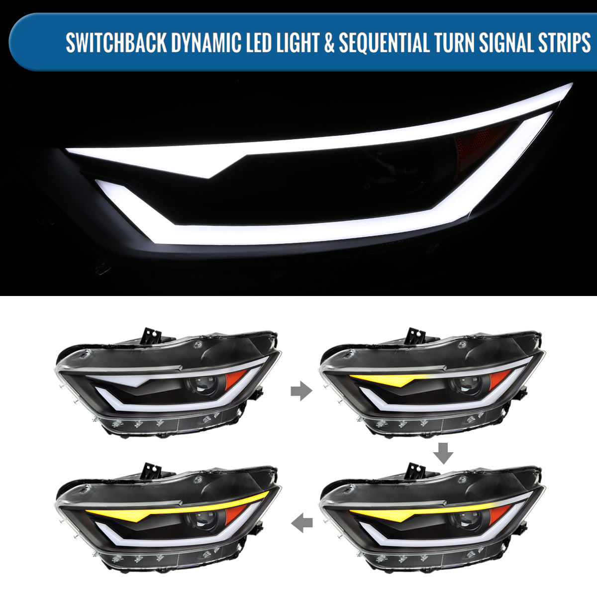Ronnin - Fits 2015-2022 Ford Mustang Coupe Convertible Upgraded Replacement HID Xenon Projector Headlights LED Switchback Sequential Turn Signals + Animated Startup Effect Parking Assembly | Black
