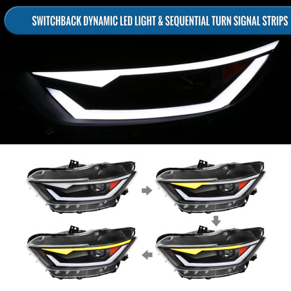 Ronnin - Fits 2015-2022 Ford Mustang Coupe Convertible Upgraded Replacement HID Xenon Projector Headlights LED Switchback Sequential Turn Signals + Animated Startup Effect Parking Assembly | Black