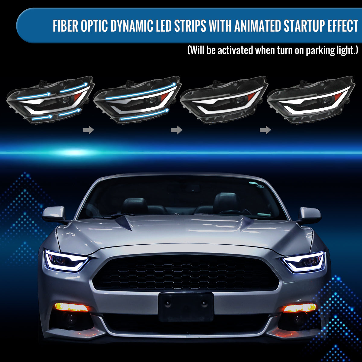 2015-2022 Ford Mustang Coupe Convertible Upgraded Replacement HID Xenon Projector Headlights LED Switchback Sequential Turn Signals + Animated Startup Effect Parking Assembly | Black