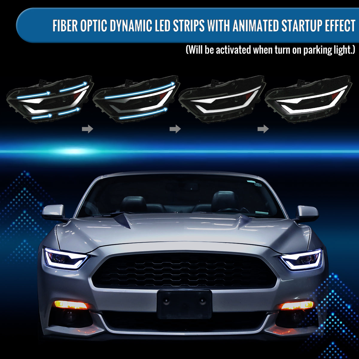 Ronnin - Fits 2015-2022 Ford Mustang Coupe Convertible Upgraded Factory Replacement HID Xenon Projector Headlights LED Tube Animated Startup Effect Parking Assembly | Black Smoke