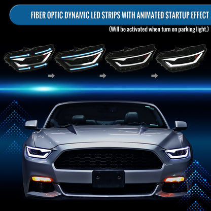 Ronnin - Fits 2015-2022 Ford Mustang Coupe Convertible Upgraded Factory Replacement HID Xenon Projector Headlights LED Tube Animated Startup Effect Parking Assembly | Black Smoke