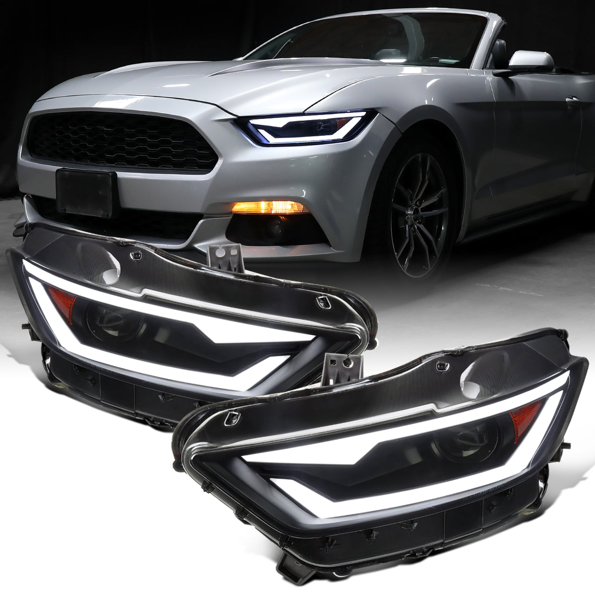Ronnin - Fits 2015-2022 Ford Mustang Coupe Convertible Upgraded Factory Replacement HID Xenon Projector Headlights LED Tube Animated Startup Effect Parking Assembly | Black Smoke