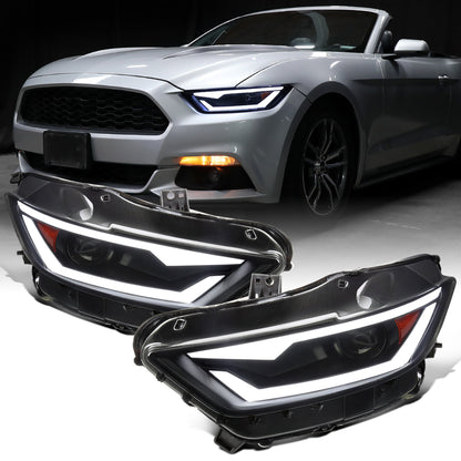 Ronnin - Fits 2015-2022 Ford Mustang Coupe Convertible Upgraded Factory Replacement HID Xenon Projector Headlights LED Tube Animated Startup Effect Parking Assembly | Black Smoke
