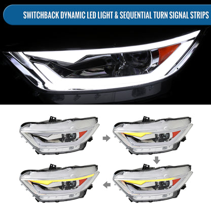 Ronnin - Fits 2015-2022 Ford Mustang Coupe Convertible Upgraded Replacement HID Xenon Projector Headlights LED Switchback Sequential Turn Signals + Animated Startup Effect Parking Assembly | Chrome