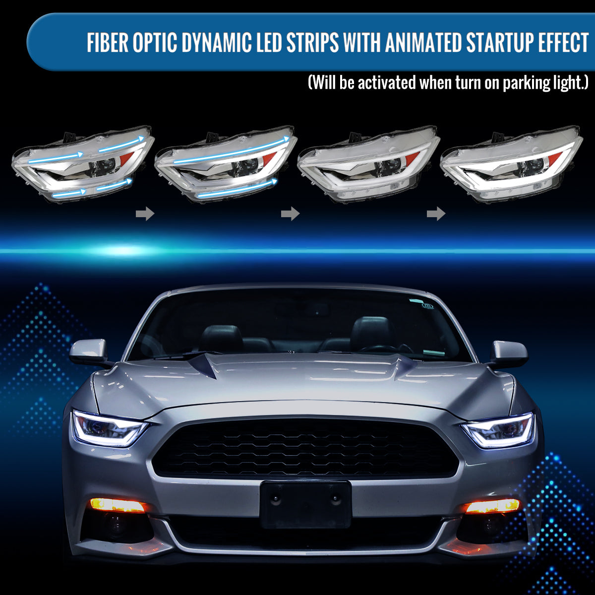 Ronnin - Fits 2015-2022 Ford Mustang Coupe Convertible Upgraded Replacement HID Xenon Projector Headlights LED Switchback Sequential Turn Signals + Animated Startup Effect Parking Assembly | Chrome