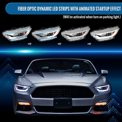 Ronnin - Fits 2015-2022 Ford Mustang Coupe Convertible Upgraded Replacement HID Xenon Projector Headlights LED Switchback Sequential Turn Signals + Animated Startup Effect Parking Assembly | Chrome