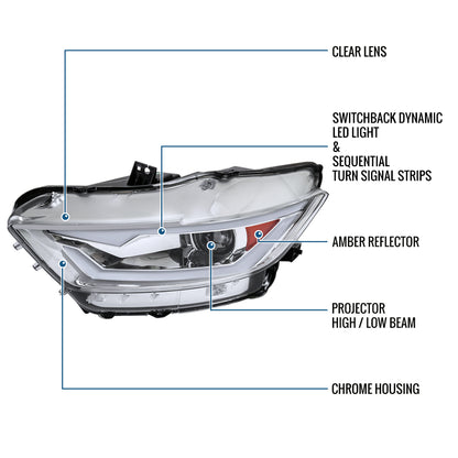 Ronnin - Fits 2015-2022 Ford Mustang Coupe Convertible Upgraded Replacement HID Xenon Projector Headlights LED Switchback Sequential Turn Signals + Animated Startup Effect Parking Assembly | Chrome