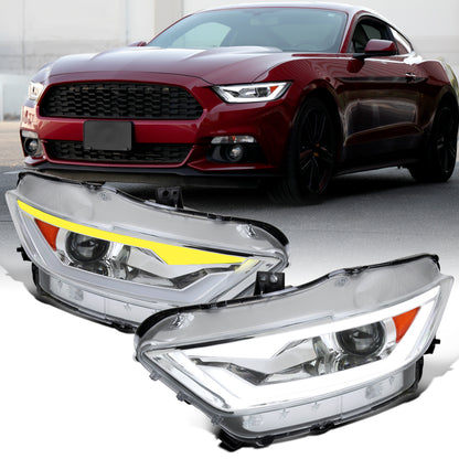 Ronnin - Fits 2015-2022 Ford Mustang Coupe Convertible Upgraded Replacement HID Xenon Projector Headlights LED Switchback Sequential Turn Signals + Animated Startup Effect Parking Assembly | Chrome