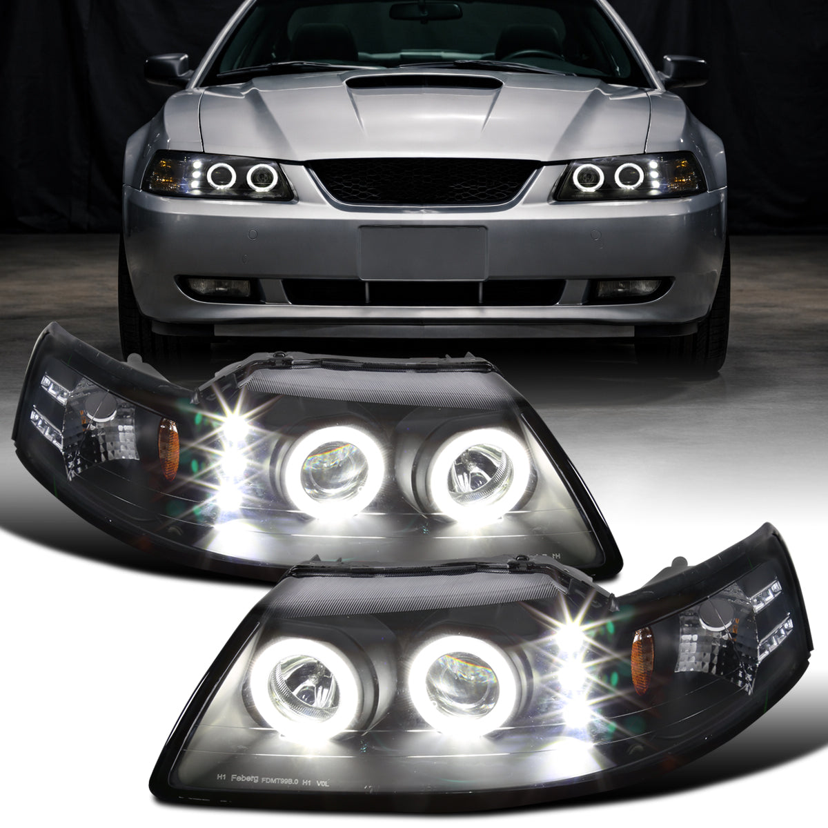 Ronnin - Se adapta a Ford Mustang 1999-2004 LED Dual Rims Mejorado Par de faros proyectores de reemplazo | Negro