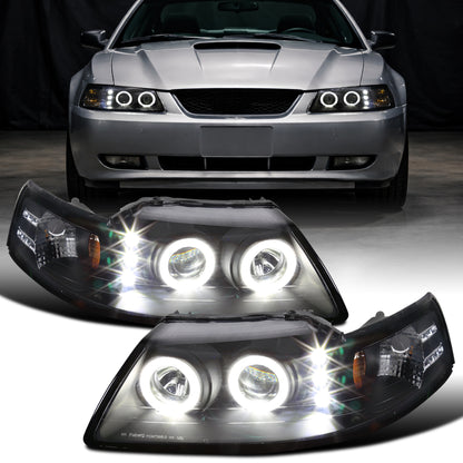 Ronnin - Se adapta a Ford Mustang 1999-2004 LED Dual Rims Mejorado Par de faros proyectores de reemplazo | Negro
