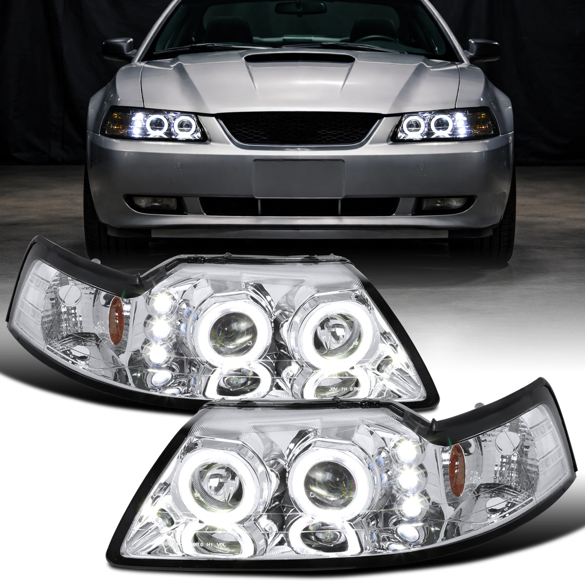 Ronnin - Fits 1999-2004 Ford Mustang LED Dual Rims Upgraded Replacement Projector Headlights Assembly Pair | Chrome