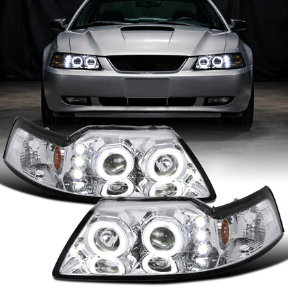 Ronnin - Fits 1999-2004 Ford Mustang LED Dual Rims Upgraded Replacement Projector Headlights Assembly Pair | Chrome