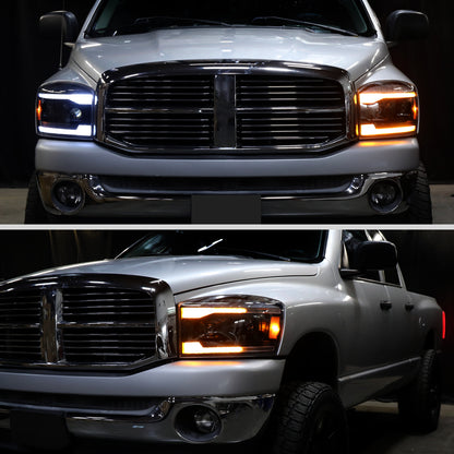 Ronnin - Fits 2006-2009 Dodge Ram 1500 2500 3500 LED DRL Switchback Sequential Turn Signals + Animated Startup Dual Projector Headlights Assembly Pair | Black