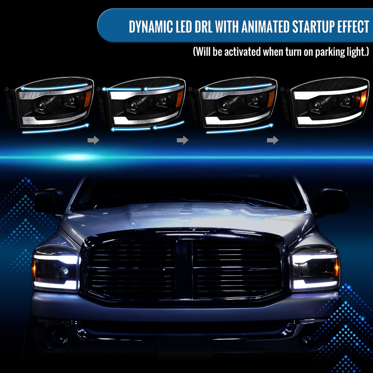 Ronnin - Fits 2006-2009 Dodge Ram 1500 2500 3500 LED DRL Switchback Sequential Turn Signals + Animated Startup Dual Projector Headlights Assembly Pair | Black