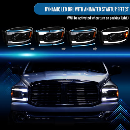 Ronnin - Fits 2006-2009 Dodge Ram 1500 2500 3500 LED DRL Switchback Sequential Turn Signals + Animated Startup Dual Projector Headlights Assembly Pair | Black