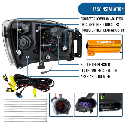 Ronnin - Fits 2006-2009 Dodge Ram 1500 2500 3500 LED DRL Switchback Sequential Turn Signals + Animated Startup Dual Projector Headlights Assembly Pair | Black