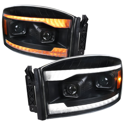 Ronnin - Fits 2006-2009 Dodge Ram 1500 2500 3500 LED DRL Switchback Sequential Turn Signals + Animated Startup Dual Projector Headlights Assembly Pair | Black