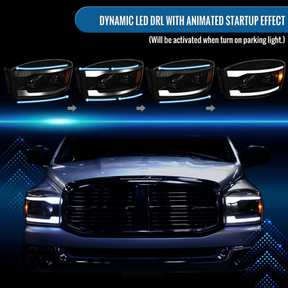 Ronnin - Fits 2006-2009 Dodge Ram 1500 2500 3500 LED DRL Switchback Sequential Turn Signals + Animated Startup Dual Projector Headlights Assembly Pair | Black Smoke