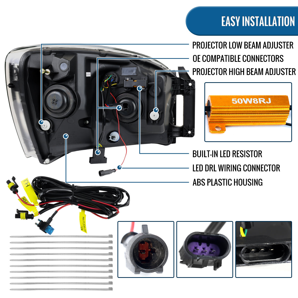 Ronnin - Fits 2006-2009 Dodge Ram 1500 2500 3500 LED DRL Switchback Sequential Turn Signals + Animated Startup Dual Projector Headlights Assembly Pair | Black Smoke
