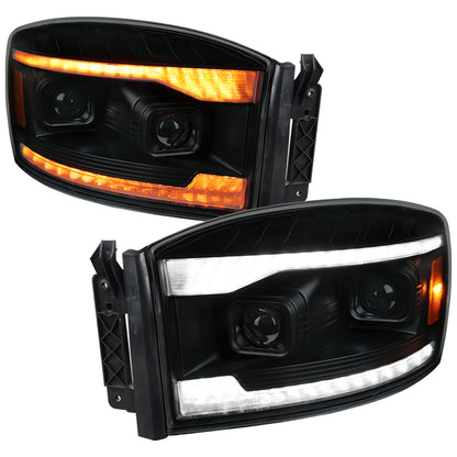 Ronnin - Fits 2006-2009 Dodge Ram 1500 2500 3500 LED DRL Switchback Sequential Turn Signals + Animated Startup Dual Projector Headlights Assembly Pair | Black Smoke