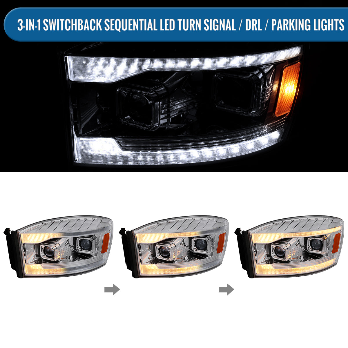 Ronnin - Fits 2006-2009 Dodge Ram 1500 2500 3500 LED DRL Switchback Sequential Turn Signals + Animated Startup Dual Projector Headlights Assembly Pair | Chrome