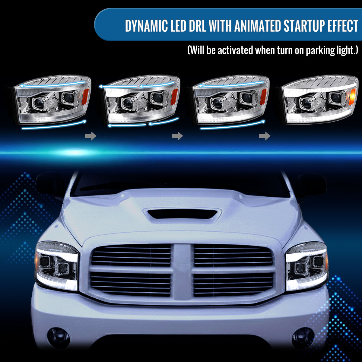 Ronnin - Fits 2006-2009 Dodge Ram 1500 2500 3500 LED DRL Switchback Sequential Turn Signals + Animated Startup Dual Projector Headlights Assembly Pair | Chrome