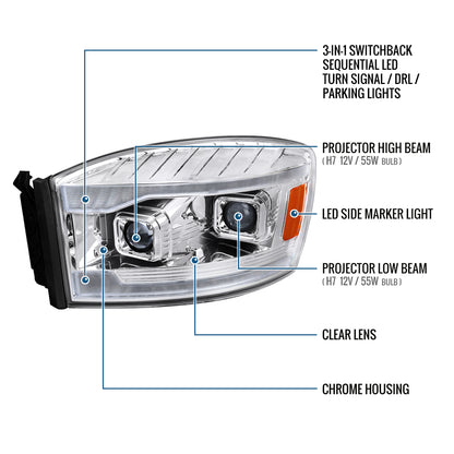 Ronnin - Fits 2006-2009 Dodge Ram 1500 2500 3500 LED DRL Switchback Sequential Turn Signals + Animated Startup Dual Projector Headlights Assembly Pair | Chrome