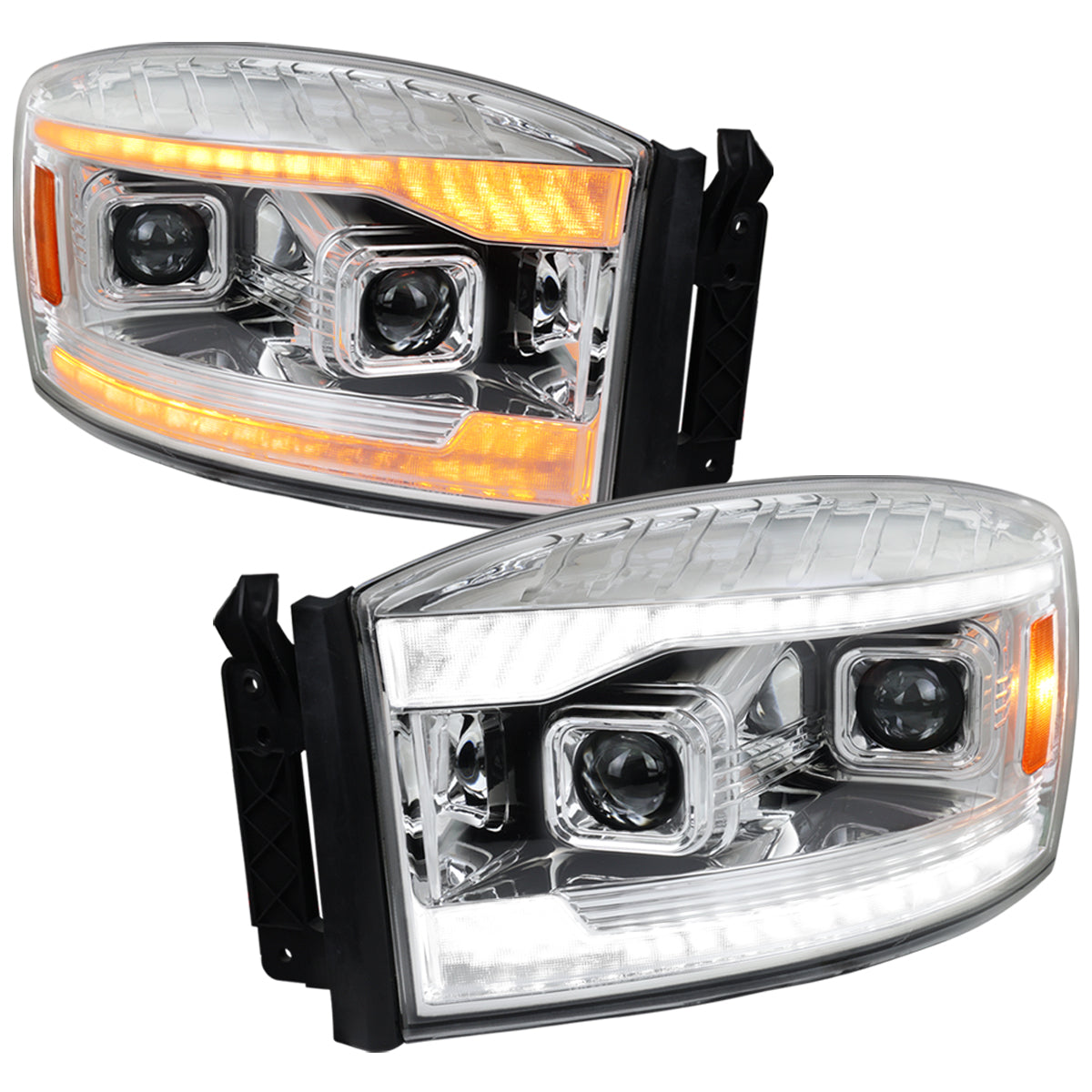 Ronnin - Fits 2006-2009 Dodge Ram 1500 2500 3500 LED DRL Switchback Sequential Turn Signals + Animated Startup Dual Projector Headlights Assembly Pair | Chrome