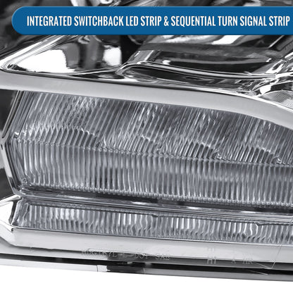 Ronnin - Fits 2009-2018 Ram 1500 2500 3500 2019-2024 Ram 1500 Classic Factory Dual Quad Replacement LED Switchback Sequential Turn Signals Projector Headlights Assembly Pair | Chrome