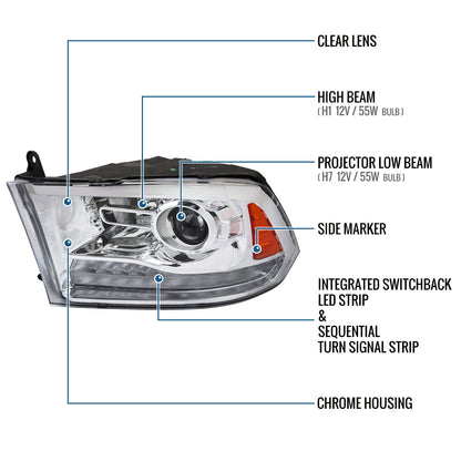Ronnin - Fits 2009-2018 Ram 1500 2500 3500 2019-2024 Ram 1500 Classic Factory Dual Quad Replacement LED Switchback Sequential Turn Signals Projector Headlights Assembly Pair | Chrome