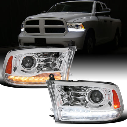 Ronnin - Fits 2009-2018 Ram 1500 2500 3500 2019-2024 Ram 1500 Classic Factory Dual Quad Replacement LED Switchback Sequential Turn Signals Projector Headlights Assembly Pair | Chrome