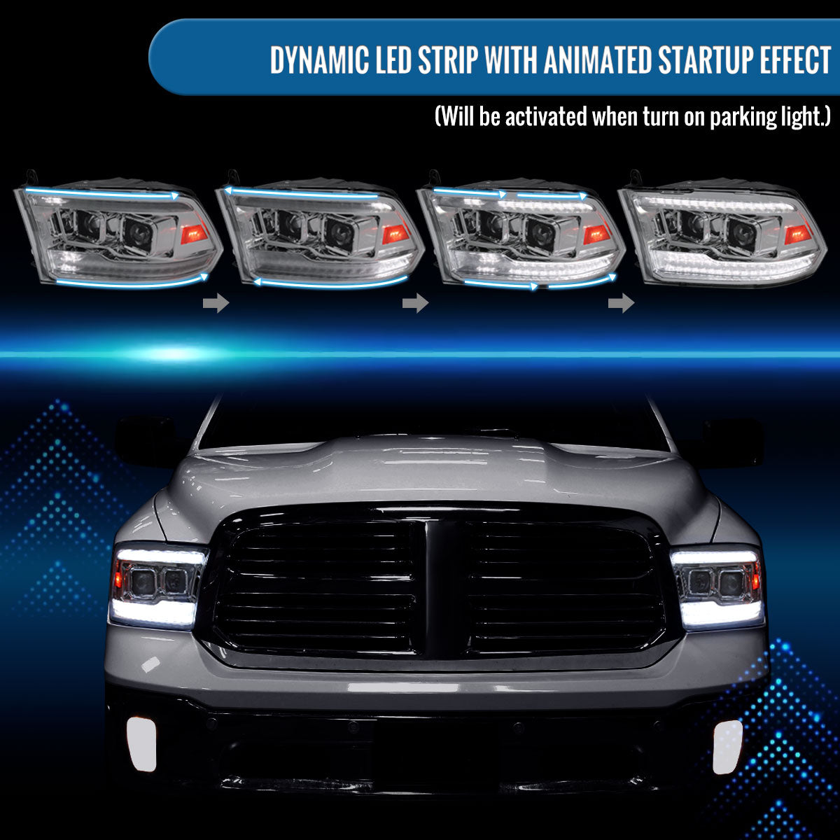 Ronnin - Fits 2009-2018 Ram 1500 2500 3500 2019-2024 Ram 1500 Classic Halogen Dual Projector Headlights  LED Switchback Sequential Signal + Animated Startup Effect Parking Assembly Pair | Chrome