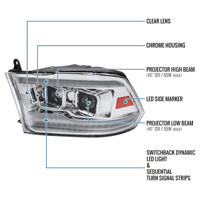 Ronnin - Fits 2009-2018 Ram 1500 2500 3500 2019-2024 Ram 1500 Classic Halogen Dual Projector Headlights  LED Switchback Sequential Signal + Animated Startup Effect Parking Assembly Pair | Chrome