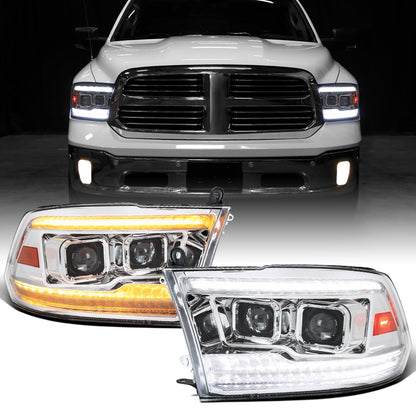 Ronnin - Fits 2009-2018 Ram 1500 2500 3500 2019-2024 Ram 1500 Classic Halogen Dual Projector Headlights  LED Switchback Sequential Signal + Animated Startup Effect Parking Assembly Pair | Chrome