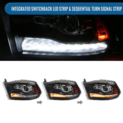 Ronnin - Fits 2009-2018 Ram 1500 2500 3500 2019-2024 Ram 1500 Classic Factory Dual Quad Upgraded Replacement LED Switchback Sequential Turn Signals Projector Headlights Assembly Pair | Black
