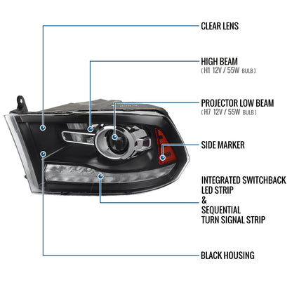 Ronnin - Fits 2009-2018 Ram 1500 2500 3500 2019-2024 Ram 1500 Classic Factory Dual Quad Upgraded Replacement LED Switchback Sequential Turn Signals Projector Headlights Assembly Pair | Black