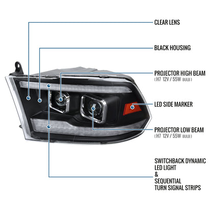 Ronnin - Fits 2009-2018 Ram 1500 2500 3500 2019-2024 Ram 1500 Classic Halogen Dual Projector Headlights  LED Switchback Sequential Signal + Animated Startup Effect Parking Assembly Pair | Black